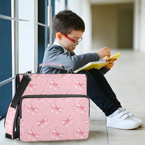Zipper Binder Bag 3 Ring File Folder Portfolio Organizer Zippered Binder Bags with Strap Fits Laptop Women Men - color: 22-pink Ribbon Bow