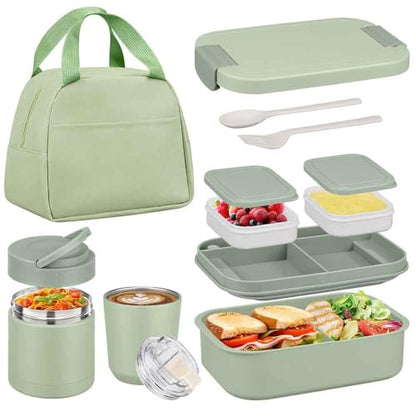 Bento Lunch Box Set with 10.5oz Soup Thermo Food Jar for Adults Kids, Stainless Steel Leak-proof Lunch Container, Coffee Tumbler with Lunch Bag for School Travel Office-Green - color: Green