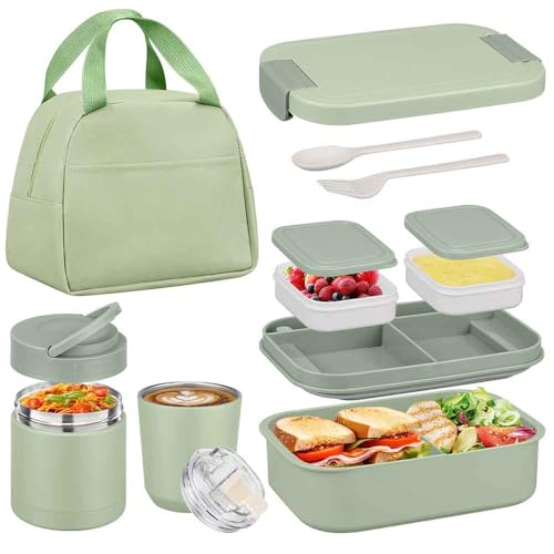 Bento Lunch Box Set with 10.5oz Soup Thermo Food Jar for Adults Kids, Stainless Steel Leak-proof Lunch Container, Coffee Tumbler with Lunch Bag for School Travel Office-Green - color: Green