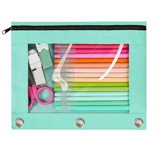 Forvencer Pencil Pouch for 3 Ring Binder, Large Pencil Case Pouch with 3 Reinforced Grommets, Pen Bag, Clear Window Pencil Case, Binder Accessories, Mint Green - color: Light Green, size: 1 Pack