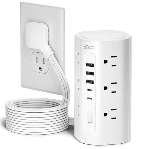 20Ft Extension Cord Power Strip Tower with Multiple Outlets, Flat Plug Power Tower 1700J Surge Protector, 12 AC Outlets 5 USB Ports (2 USB C), Desk USB Charging Station, Home Office Dorm Room, White - color: White, size: 20 FT
