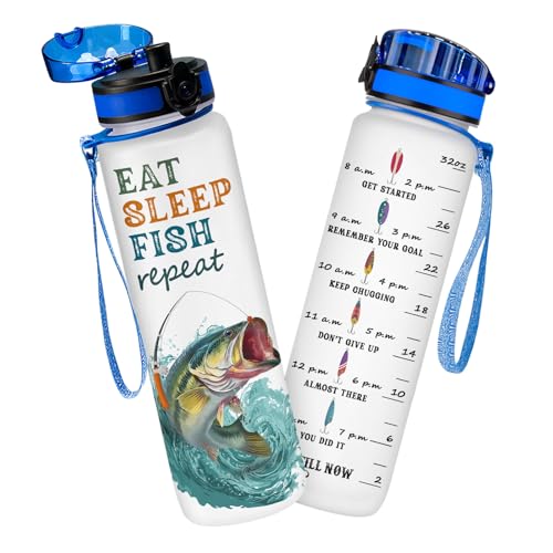 Fishing Water Bottle 32oz for Fisherman – Eat Sleep Fish Repeat Hydration Bottle with Time Marker, Funny Fishing Gift for Dad, Men - color: Bass Fishing