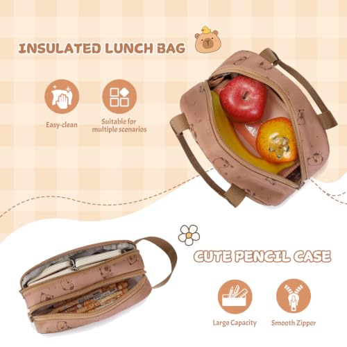 Capybara Theme Rolling Backpack with Lunch Bag & Pencil Case, Kids Rolling Backpack for Girls, Wheeled School Bookbag with Telescoping Handle for Kindergarten Elementary Middle High School - color: Brown