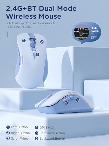 RAPIQUE Bluetooth Wireless Mouse, Dual Bluetooth & 2.4G USB Receiver, Quiet Clicks, Right-Hand Ergonomic 6 Button Mouse, Adjustable DPI, AA Battery, for Laptop, PC, Mac, Tablet - Light Blue - color: Light Blue