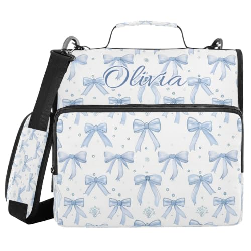 Personalized Blue Bow 1.5 Inch Zipper Binder with Name,3 Ring School Binder | Your selected font will be printed with a matching outline to complement the bow design. - color: Personalized Blue Bow
