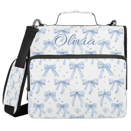 Personalized Blue Bow 1.5 Inch Zipper Binder with Name,3 Ring School Binder | Your selected font will be printed with a matching outline to complement the bow design. - color: Personalized Blue Bow
