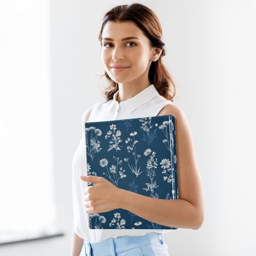 Navy Blue Retro Botanical Flower Binder 3 Ring 1.5 Inch Binder with Clipboard&Pockets, Hardcover Binders Heavy Duty Large File Folder for Office School Supplies - Holds 200 Sheets - color: Navy Blue Botanical Flower, size: 1 Pack-12.4x10.63in