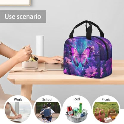 Purple Butterfly Lunch Bag Kids Thermal Picnic Cool Bags Leakproof Portable Lunch Box Large Thermal Cooler Bag for School Camping Picnic - color: Purple Butterfly Floral