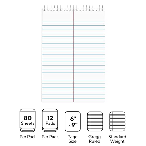 STAPLES Steno Notepads, 6” x 9”, Gregg Ruled, Top Wirebound, 80 Sheets, 12‑Pack - size: 12 Pack, style: White Paper