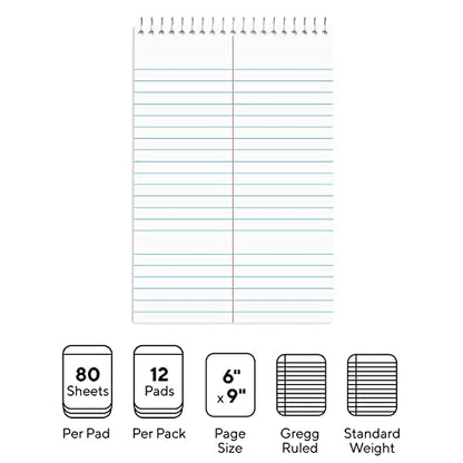 STAPLES Steno Notepads, 6” x 9”, Gregg Ruled, Top Wirebound, 80 Sheets, 12‑Pack - size: 12 Pack, style: White Paper