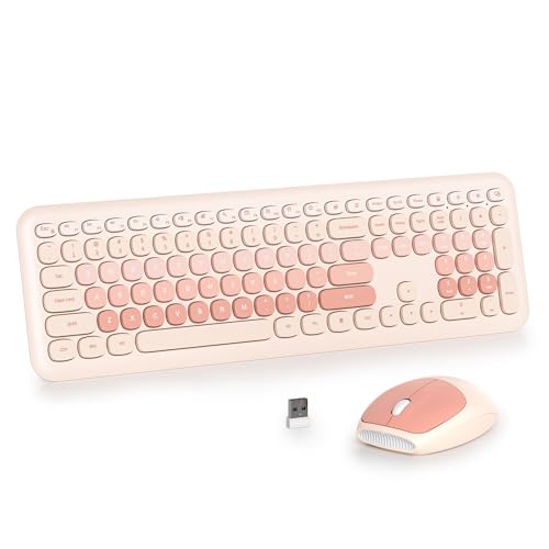 Wireless Typewriter Keyboard and Mouse Combo Retro 104 Key Full Size Office Set Milk Tea Keyboard with Silent Round Keycaps, Ideal for Laptop and Desktop PCs, Cute Design Keyboard - color: Diary Milk Tea