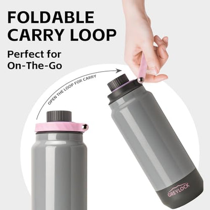 GREYLOCK 40 oz Insulated Water Bottle with Straw Lid, Leakproof Reusable Stainless Steel Vacuum Flask, 24hr Cold & Hot, Carry Handle & Silicone Spout, BPA-Free for Gym, Hiking, Travel, Grey - color: Stone Blossom, size: 40 Ounces