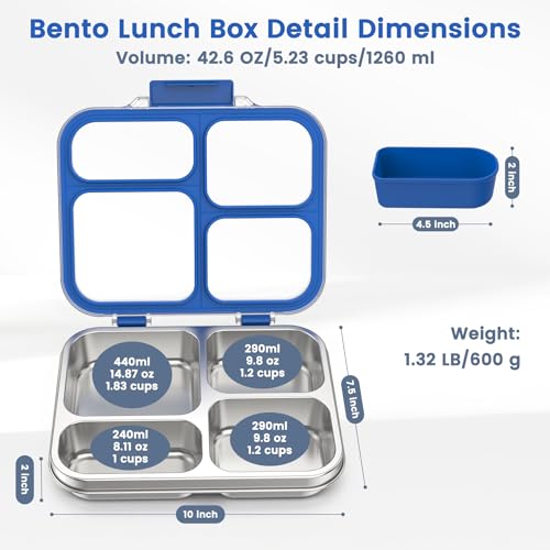 Stainless Steel Bento Box for Kids Adults with Silicone Container, Leak Proof 4 Compartments Metal Lunch Box, Removable Silicone Seal & Clear Lid Food Container for School Office, BPA-Free(Blue) - color: Blue
