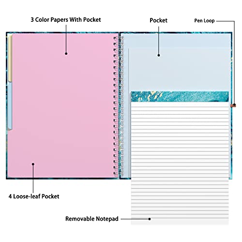 Rimilak Spiral Clipboard Folio with Refillable Lined Notepad, 14.5 x 9.8 In, Hardcover Cover with 5 Interior Pockets, Elastic Band and Pen Loop Series. Cute Stylish Clipfolio, Teal Marble - color: Teal Marble