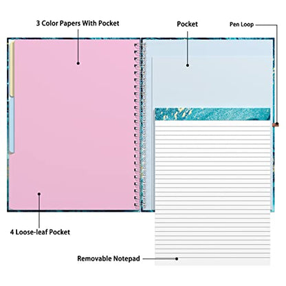 Rimilak Spiral Clipboard Folio with Refillable Lined Notepad, 14.5 x 9.8 In, Hardcover Cover with 5 Interior Pockets, Elastic Band and Pen Loop Series. Cute Stylish Clipfolio, Teal Marble - color: Teal Marble