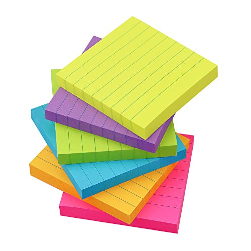 Lined Sticky Notes 3x3 inch Bright Colors Self-Stick Pads 6 Pads/Pack 90 Sheets/Pad Total 540 Sheets - color: 6 Pads 3x3 in Lined Sticky Notes