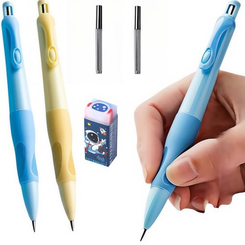 2.0mm Mechanical Pencil Set: 2 Pack Fat Grip Pencils for Kids with 14 Leads | Soft silicone grips, 14 HB lead refills and built-in sharpeners support preschool handwriting, drawing and beginner practice. - style: 2 pack blue&yello