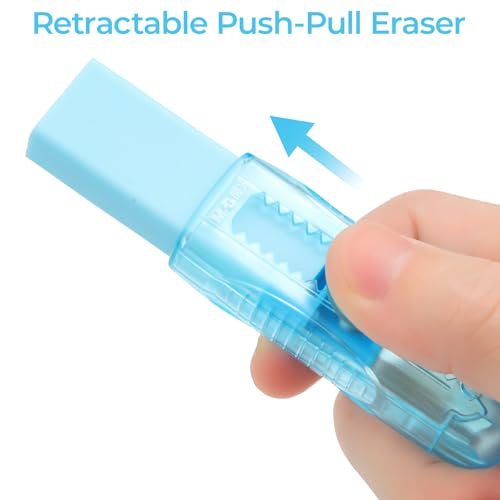 M&G 6 Pack Sliding Retractable Rubber Erasers, Push-Pull Large Pencil Erasers with Transparent Plastic Sleeve, Soft Rubber Erasers for Office, Drafting, and Everyday Use - color: Pink + Blue + Green