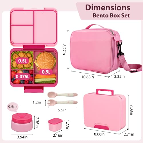 Kids Bento Lunch Box Set with 9.5oz Soup Thermo, Leak-Proof Lunch Food Containers with 3 Compartment and Removable Inner Tray, Insulated Hot Food Jar with Lunch Bag for School, Office, Pink - color: Pink