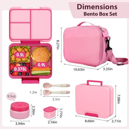 Kids Bento Lunch Box Set with 9.5oz Soup Thermo, Leak-Proof Lunch Food Containers with 3 Compartment and Removable Inner Tray, Insulated Hot Food Jar with Lunch Bag for School, Office, Pink - color: Pink