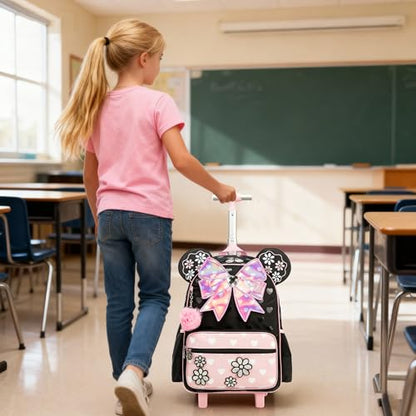 Meetbelify Backpack with Wheels for Girls Rolling Backpack Cute Carry on Backpack Kids Luggage with Lunch Box Pencil Case for Elementary Student - color: Bowknot Pink