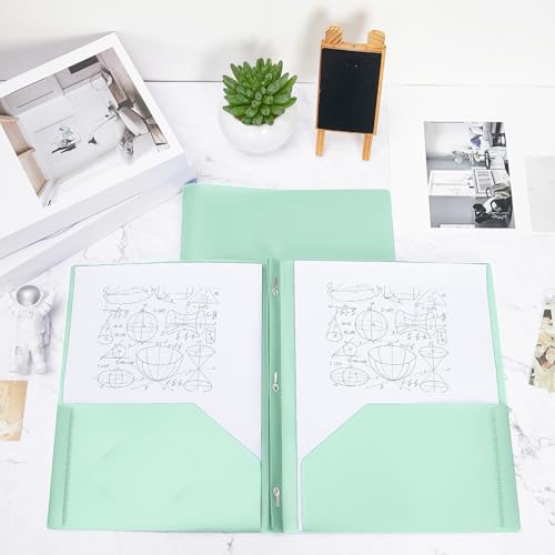 Yeaqee 30 Pcs Plastic Folders with Pockets and Prongs Plastic Folder 2 Pockets 3 Prongs with Business Card Slot Back to School Folders for Students, Teachers, Office Workers (Mint Green) - color: Mint Green
