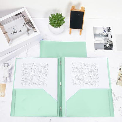 Yeaqee 30 Pcs Plastic Folders with Pockets and Prongs Plastic Folder 2 Pockets 3 Prongs with Business Card Slot Back to School Folders for Students, Teachers, Office Workers (Mint Green) - color: Mint Green