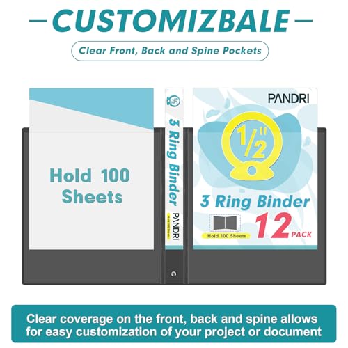 3 Ring Binder 0.5 Inch, PANDRI 12 Pack 0.5-Inch Binder Fits Letter Size 8.5'' x 11'' Paper, Versatile Binders for Office Home School, 2 Pockets, Black