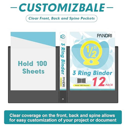 3 Ring Binder 0.5 Inch, PANDRI 12 Pack 0.5-Inch Binder Fits Letter Size 8.5'' x 11'' Paper, Versatile Binders for Office Home School, 2 Pockets, Black