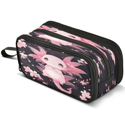 ALAZA Cute Axolotl Cherry Blossom Large Pencil Case, Pen Pouch Pencil Bag with 3 Compartments Pen Holder Organizer Stationery Bag - color: Axolotl