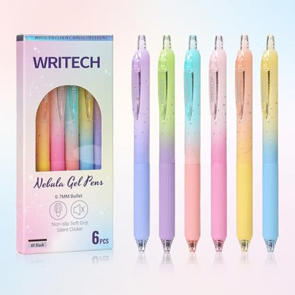 WRITECH Gel Pens Fine Point: Nebula Pen Set 0.7mm Black Ink Retractable 6ct Medium Point Smooth Writing with Aesthetic Gradient Color Barrel for Journaling Note Taking Silent Click No Smear - color: Multicolor1