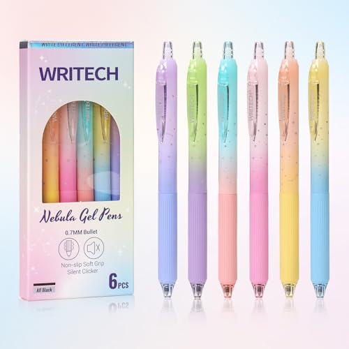 WRITECH Gel Pens Fine Point: Nebula Pen Set 0.7mm Black Ink Retractable 6ct Medium Point Smooth Writing with Aesthetic Gradient Color Barrel for Journaling Note Taking Silent Click No Smear - color: Multicolor1