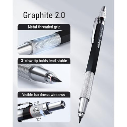 Nicpro 2.0 mm Mechanical Pencil Set, Artist Metal Lead Holder Metal Marker Carpenter pencils with 60 Graphite Lead Refill HB, 2H, 4H, 2B, 4B, Eraser, Sharpener for Draft Drawing, Writing Art Sketching - size: 1 Count (Pack of 1)