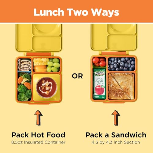 OmieBox Bento Box for Kids - Insulated Bento Lunch Box with Leak Proof Vacuum Insulated Food Jar - 3 Compartments, Two Temperature Zones (Sunshine) - color: Sunshine