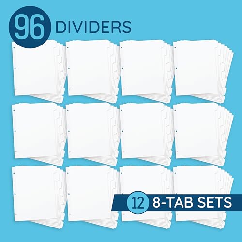 Blue Summit 3 Ring Binder Dividers with Tabs, Reinforced Edge, 1/8 Cut, Letter Size, 8 Tab Dividers for 3 Ring Binder Bulk, White, 12 Sets, 192 Pack - size: 192 Pack