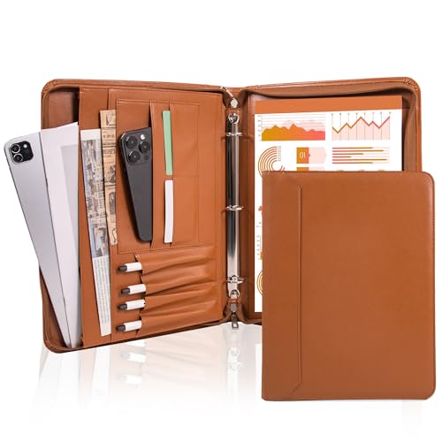 AZXCG Zipper Portfolio Padfolio Binder,3 Ring Padfolio for Women and Men,Business Portfolio Organizer for Women with A4 Writing Pad Holder,Business Portfolio for Meeting,Business,School,Work - color: Brown