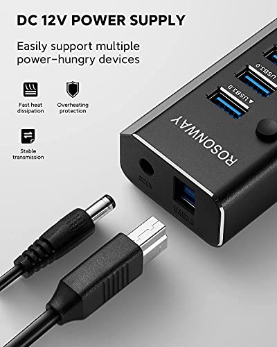 Powered USB Hub, Rosonway Aluminum 10 Port USB 3.0 Data Hub with 36W (12V/3A) Power Adapter and Individual On/Off Switches USB Splitter(RSH-A10) - size: 10-Port Powered USB Hub