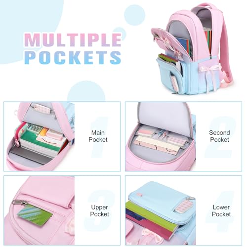 Bevalsa Backpack for Girls, Bow Kids Backpack with Bento Lunch Box, Insulated Bag & Utensils, 34oz Lunch Containers, Cute School Bookbag for Children Teens for Elementary Middle Student (Pink Blue) - color: Pink Blue
