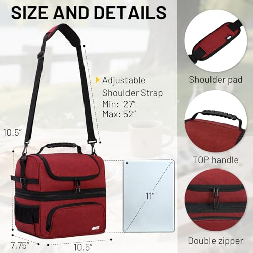 MIER Dual Compartment Lunch Bag Tote with Shoulder Strap for Men and Women Insulated Leakproof Cooler Bag, Dark Red - color: Dark Red