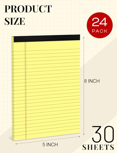 24 Pack Small Legal Pads 5x8 Yellow Note Pads 5x8 College Ruled Notepad Yellow Writing Pads 5x8 Small Pads of Paper Lined Paper Pads 80 GSM Paper Tablets 5x8" Lined Notepads With 30 Sheets Per Pad - color: Yellow-24P