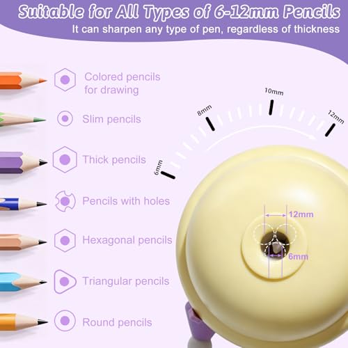 Rechargeable Electric Pencil Sharpener, 6-12mm Auto in & Out Fully Automatic Pencil Sharpener for Kids, Large Capacity Battery Powered, with Cartoon Stickers Ideal for Classroom & Home (Yellow-purple) - color: Yellow-purple