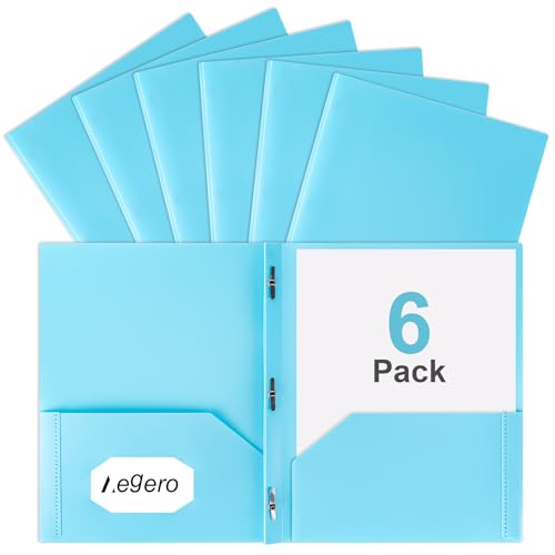 Aegero Folders with Pockets and Prong with Fasteners (6 Pack,Light Blue),Durable Plastic Pocket Folders with Prongs,Tear Resistant,2 Pocket 3 Prong Folders for Schoolwork & Office,Letter Size - color: Light Blue, size: 1 Set（6pack）