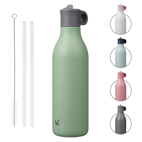 Konokyo 25oz Insulated Travel Water Bottle with Straw, Macaron Green | Stainless steel, BPA free, leak proof, double wall, dishwasher safe. Reusable for gym, workouts, and daily use - color: Macaron Green, size: 25 Ounces