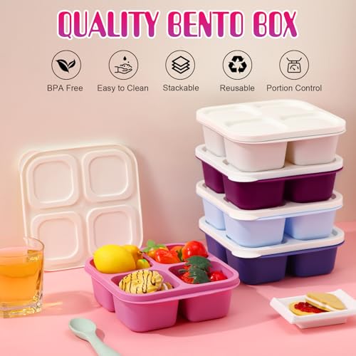 Honeydak 5 Pack Snack Containers 4 Compartment Bento Snack Boxes Reusable Lunchable Containers with Lids Divided Meal Prep Lunch Food Storage Box for School Work Travel(Elderberry,Equal) - color: Elderberry, style: Equal