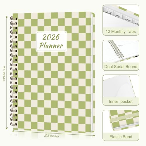2026 Planner, Weekly and Monthly Calendar Academic Planning Book, Jan 2026 - Dec 2026, Agenda Calendar Planner for Office Supplies and Desk Accessories - A5 (6.3" x 8.5") - color: A-Green Grid