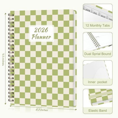 2026 Planner, Weekly and Monthly Calendar Academic Planning Book, Jan 2026 - Dec 2026, Agenda Calendar Planner for Office Supplies and Desk Accessories - A5 (6.3" x 8.5") - color: A-Green Grid