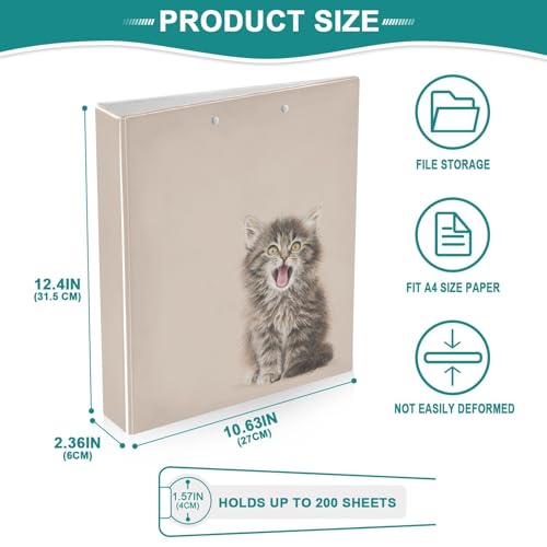 Fustylead Realistic Tabby Kitten Yawning Pattern 3 Ring Binder, D-Rings 1.5" Hardcover Folder, Fits 200 Sheets of A4 Paper, Durable Clipboard & Clean View with Inside Pockets for School Home Office - size: 12.4x10.63x2.36 Inch-2 Pack