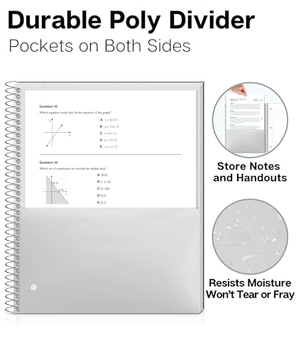 Dunwell 3-Subject Notebook College Ruled (Black), Spiral Notebook 8.5 x 11, Plastic Cover, 3 Pocket Dividers, 150 Sheets (300 Pages), 3-Hole Punched Perforated 8 1/2 x 11 Paper - color: Black