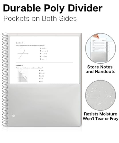 Dunwell 3-Subject Notebook College Ruled (Black), Spiral Notebook 8.5 x 11, Plastic Cover, 3 Pocket Dividers, 150 Sheets (300 Pages), 3-Hole Punched Perforated 8 1/2 x 11 Paper - color: Black