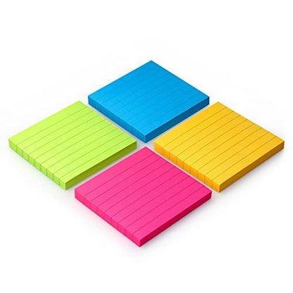 Lined Sticky Notes 3x3 in, Self-Adhesive, Bright, 4 Pads, 90 Sheets/Pad | Lined Surface for Neat and Organized Writing Strong Self-Stick Adhesive, Sticks Securely and Peels Cleanly - color: Bright